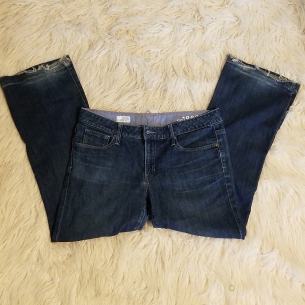 Gap 1969 Long & Lean Jeans Womens 31/12 Dark‎ Wash Flare Denim Distressed Hem